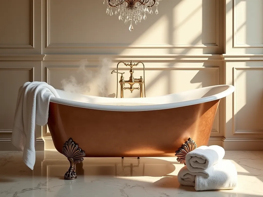 Vintage Copper Garden Tub - A luxurious freestanding copper bathtub with an aged patina finish in an elegant bathroom, photographed in warm natural light. The tub features ornate claw feet and a rolled rim design, with a rich, warm copper tone that shows subtle verdigris highlights. The surrounding space includes cream marble flooring, soft beige walls, and vintage-style brass fixtures. A crystal chandelier hangs above, casting warm reflections on the tub's surface. Soft white towels are draped nearby, and steam rises gently from the filled tub, creating an atmosphere of opulent relaxation. Photorealistic, highly detailed, architectural photography style.