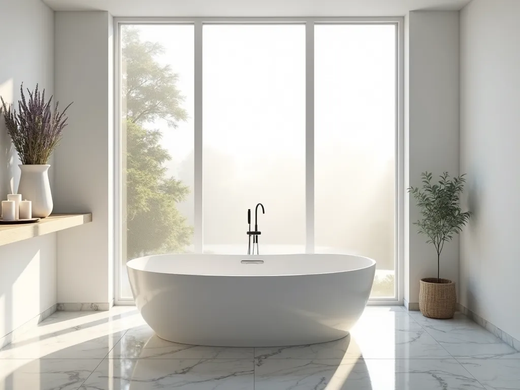 Elegant Window-Side Garden Tub Retreat - Luxurious freestanding white oval garden tub positioned beneath a large floor-to-ceiling window with frosted glass, natural sunlight streaming in, creating a soft ethereal glow. Modern minimalist bathroom with light gray marble flooring and white walls. Small floating wooden shelf holding white candles, lavender sprigs, and bath essentials. Visible silhouettes of trees and garden foliage through the frosted glass. Polished chrome fixtures. Clean lines and serene atmosphere, photorealistic rendering, interior design photography style, soft natural lighting, 8k quality