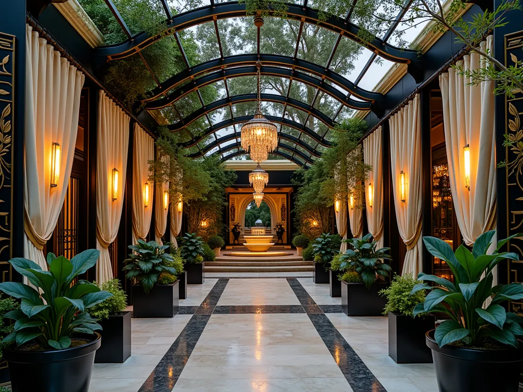 Art Deco Garden Elegance - A stunning Art Deco-inspired garden patio at twilight, photographed with a wide-angle lens. The space features a magnificent curved pergola with geometric metalwork patterns in gold and black, draped with climbing wisteria. Elegant outdoor curtains flow in the gentle breeze, showcasing a sophisticated pattern of stylized lotus flowers and fan palms in emerald green, gold, and cream against a deep navy background. Crystal pendant lights hang from the pergola, casting dramatic shadows that highlight the geometric patterns. The foreground showcases a symmetrical arrangement of potted peace lilies and bird of paradise plants in black and gold planters, while a sleek water feature with stepped tiers adds a quintessential Art Deco touch. Shot at f/2.8 with subtle depth of field, capturing the rich textures and interplay of natural and artificial light.