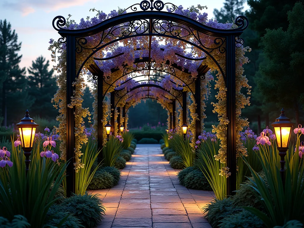 Art Nouveau Garden Sanctuary - A stunning twilight garden scene captured through a DSLR wide-angle lens, featuring an ornate Art Nouveau-inspired wrought iron pergola with sweeping, organic curves and stylized floral motifs. The structure is elegantly draped with climbing wisteria and moonflowers, their tendrils echoing the flowing lines of the metalwork. Soft garden lighting illuminates the space, creating dramatic shadows that highlight the sophisticated curves and botanical patterns. In the foreground, a curved stone pathway bordered by tall iris and curving ferns leads to the pergola, while stained glass lanterns cast jewel-toned patterns across the garden. The composition emphasizes the characteristic whiplash curves and natural forms of Art Nouveau design, photographed at f/8 with natural twilight creating a dreamy, romantic atmosphere.