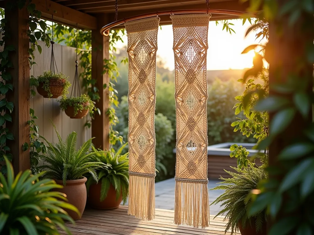 Bohemian Garden Macramé Sanctuary - A close-up view of an elegant outdoor garden shower enclosure at golden hour, featuring a stunning handwoven macramé curtain panel in natural cotton with intricate geometric patterns. The curtain hangs from a curved copper rod, filtering warm sunlight through its delicate knotwork. Behind the curtain, lush Boston ferns and hanging pothos cascade down creating a natural backdrop. The shower area is surrounded by weathered teak decking and natural stone tiles, with climbing jasmine vines adding an organic frame. Shot with shallow depth of field highlighting the detailed texture of the macramé against the soft-focused botanical background. 16-35mm lens at f/2.8, ISO 400, capturing the interplay of light and shadow through the woven patterns.