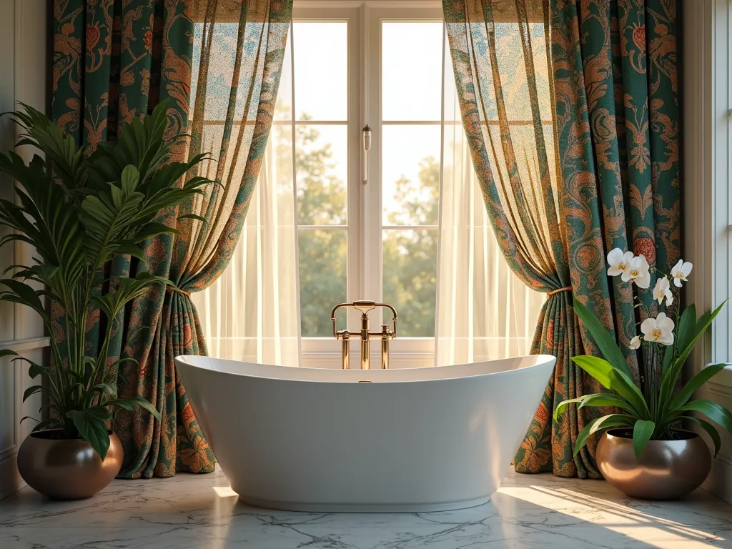 Bohemian Paisley Garden Retreat - A luxurious garden-inspired bathroom setting at dusk, featuring an elegant freestanding garden tub beneath a large window. The shower curtain displays an intricate paisley pattern in rich jewel tones of emerald, sapphire, and gold, intertwined with delicate botanical illustrations of roses, peonies, and trailing ivy. Soft evening light filters through sheer panels, casting ethereal patterns across the marble floor. The curtain's fabric appears to flow gracefully, creating gentle ripples that echo the organic curves of the paisley design. Crystal droplets catching the light create a magical ambiance, while potted orchids and ferns on the windowsill bridge the connection between indoor luxury and garden elements. Photorealistic, sophisticated, detailed textile patterns, ambient lighting, 4K quality.