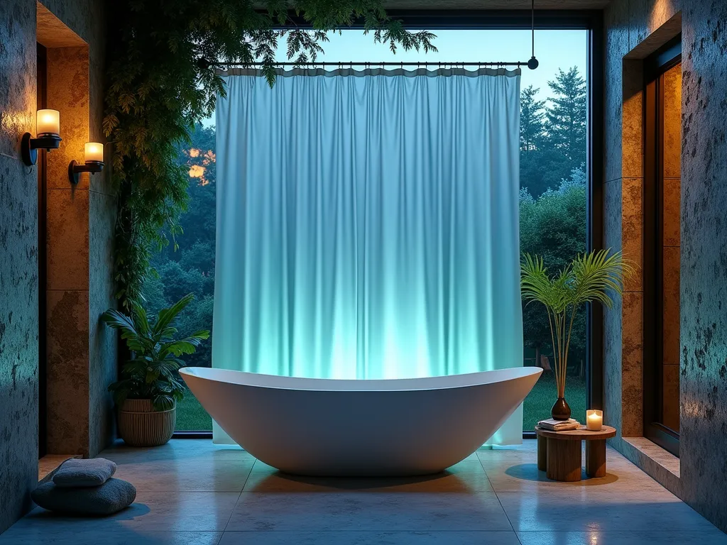 Cascading Waterfall Garden Tub Oasis - A luxurious garden tub photographed at dusk in a serene indoor-outdoor bathroom space. The focal point is an elegant shower curtain with a mesmerizing ombré pattern flowing from deep ocean blue at the top to soft seafoam at the bottom, perfectly mimicking a natural waterfall. The curtain is gently billowing, captured with a medium shot at f/2.8 to create dreamy bokeh. Natural stone walls frame the scene, with cascading ivy and delicate ferns spilling from wall-mounted planters. Soft twilight filters through a large window, casting ethereal blue tones across the space. The curved garden tub sits beneath the window, surrounded by smooth river rocks and bamboo elements. Crystal-clear water droplets on the curtain catch the ambient light, creating a magical, spa-like atmosphere. Shot with dramatic side lighting to emphasize the curtain's gradient texture.