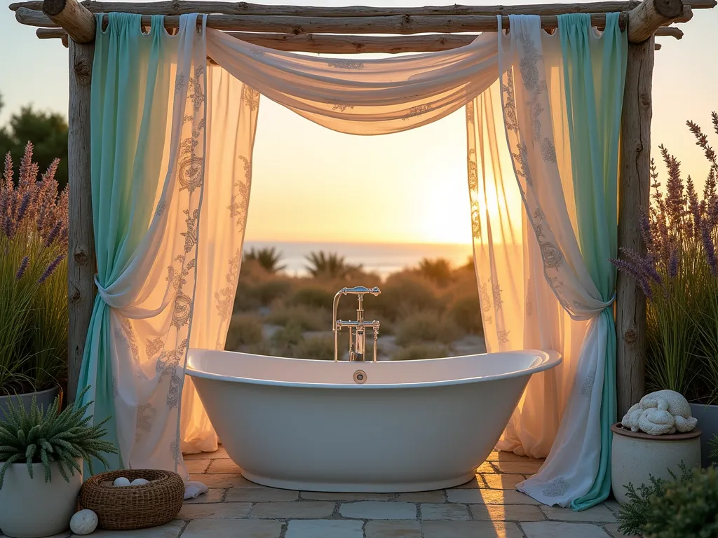 Coastal Garden Tub Oasis at Sunset - A breathtaking wide-angle shot of a luxurious outdoor garden tub nestled within a private beachside patio sanctuary, captured during golden hour. The tub is partially enclosed by elegant flowing curtains in soft aqua and white, adorned with delicate seashell patterns that catch the warm evening light. Natural stone pavers surround the tub, while potted sea grass and coastal lavender sway gently in the breeze. A curved pergola overhead is draped with sheer white fabric that billows softly, creating dappled shadows. Weathered driftwood accents and strategically placed seashells complete the coastal aesthetic. Shot with a 16-35mm lens at f/2.8, ISO 400, capturing the rich golden sunset tones filtering through the curtains and creating a dreamy, ethereal atmosphere.