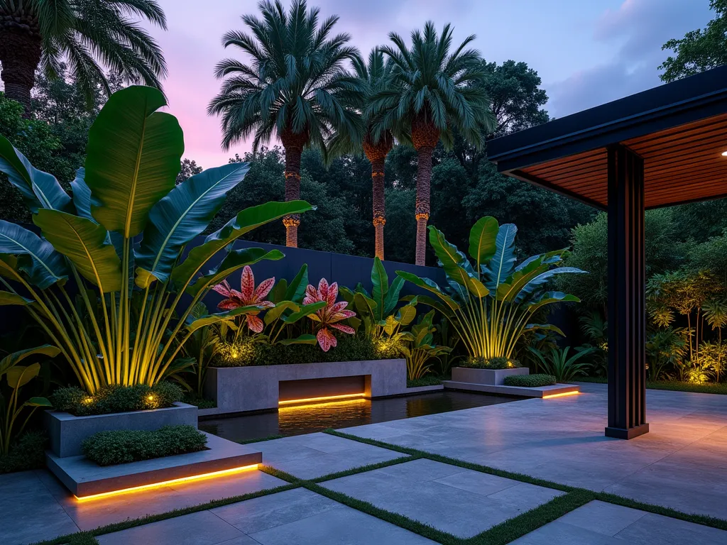 Modern Tropical Garden Sanctuary - A luxurious modern garden space at dusk featuring dramatic oversized Monstera leaves and Birds of Paradise plants in a contemporary arrangement. Sleek concrete planters contain exotic philodendrons with neon-highlighted leaves. A minimalist water feature with clean lines reflects the deep purples and teals of the evening sky. Modern LED strip lighting illuminates the tropical foliage from below, creating dramatic shadows. The space includes geometric patio tiles in charcoal gray, while a sculptural steel pergola frames the composition. Architectural Strelitzia and black bamboo provide vertical interest, photographed in a wide angle to showcase the bold, jungle-inspired design aesthetic with a modern twist.