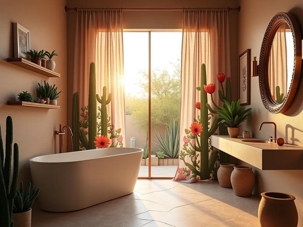 Desert Garden Oasis at Sunset - A stunning wide-angle shot of a contemporary desert garden bathroom setting at golden hour, featuring a luxurious freestanding garden tub against a large window. The shower curtain showcases an artistic pattern of blooming saguaro cacti, prickly pear, and desert wildflowers in muted terracotta and sage tones. Natural light streams through the window, illuminating a thoughtfully arranged collection of live succulents on floating wooden shelves. The bathroom's earth-toned tiles and copper fixtures complement the southwestern aesthetic, while a large ornate mirror reflects the warm sunset glow. Shot with a DSLR camera at f/8, ISO 100, capturing the rich textures and subtle color gradients of the desert-inspired design. 4K resolution, photorealistic quality.