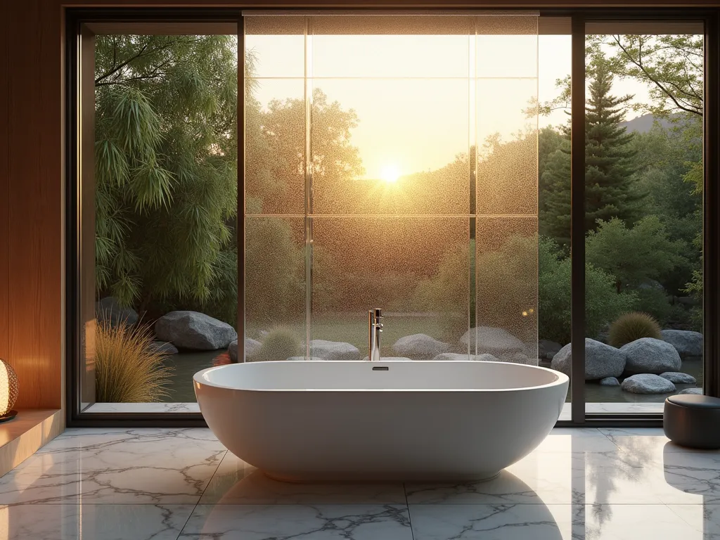 Elegant Garden Tub Sanctuary - A luxurious freestanding garden tub positioned near floor-to-ceiling windows overlooking a serene Japanese garden at dusk. The tub features a floating crystal-clear shower curtain with subtle geometric textures that catches the golden hour light. Modern marble tiles reflect the sunset, while bamboo and ornamental grasses sway gently outside. The transparent curtain creates an ethereal division between the spa-like bathroom interior and the manicured garden beyond, with decorative river rocks visible through the glass. Shot from a wide angle to capture both the interior elegance and the outdoor landscape seamlessly merging through the glass partition, photorealistic, architectural photography style, 8k resolution.