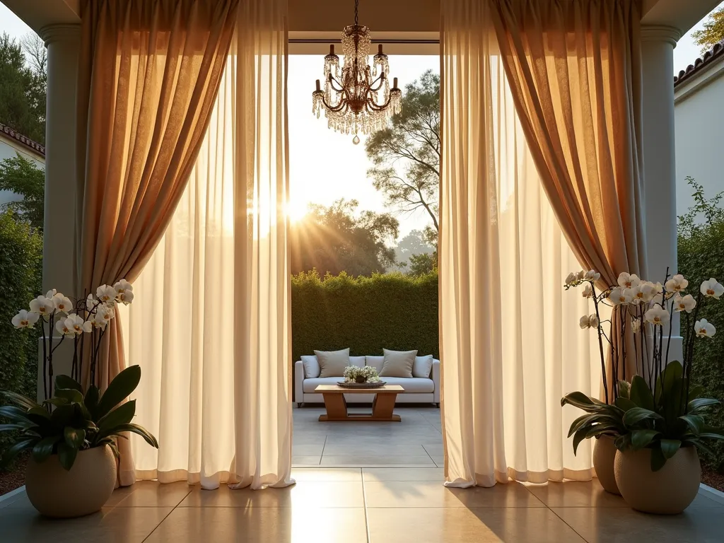 Elegant Outdoor Garden Room with Double-Layer Curtains - A luxurious outdoor garden room at golden hour, featuring floor-to-ceiling double-layer curtains elegantly framing a secluded patio space. The sheer white inner curtains gently billow in the breeze, while the outer layer showcases a champagne-colored fabric with subtle botanical patterns and metallic threading that catches the warm evening light. The curtains drape gracefully around a sophisticated outdoor seating area surrounded by potted white orchids and silver-leafed plants. A crystal chandelier hangs above, creating dancing light patterns through the layered curtains. The scene is captured from a wide angle, emphasizing the dramatic height of the curtains and their interaction with natural light, creating an atmosphere of refined outdoor luxury.