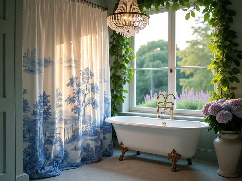 Elegant French Country Garden Bath Sanctuary - A serene garden bathroom setting at dusk, photographed in soft natural light with a 16-35mm lens at f/2.8. A luxurious freestanding garden tub is adorned with a flowing French toile shower curtain in powder blue and crisp white, featuring pastoral countryside scenes. The curtain gracefully frames the tub, its delicate pattern capturing the evening light. A vintage wrought-iron window overlooks a lush French garden with climbing roses and lavender. Crystal chandelier casts gentle shadows on the limestone flooring, while antique brass fixtures add warmth. Fresh hydrangeas in a weathered ceramic vase complement the sophisticated country aesthetic. Shot from a wide angle to capture the entire romantic atmosphere, with selective focus on the curtain's intricate pastoral details.