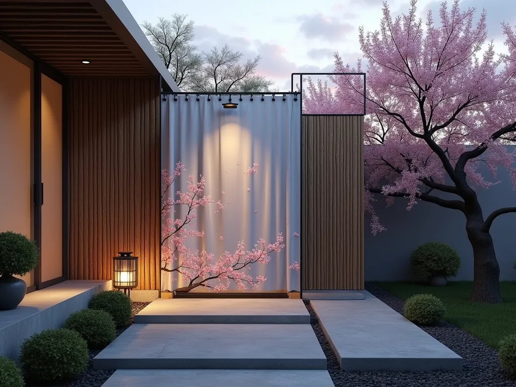 Zen Garden Shower Curtain at Dusk - A tranquil Japanese-inspired garden courtyard at dusk, photographed with a wide-angle lens capturing a sleek outdoor shower area seamlessly integrated into a minimalist garden space. The focal point is an elegant shower curtain with delicate cherry blossom patterns in soft gray and blush tones, gently moving in the evening breeze. The curtain is flanked by authentic bamboo screens and surrounded by carefully manicured bonsai trees. A stone path with traditional stepping stones leads to the shower area, while a small stone lantern provides subtle lighting. In the background, a weeping cherry tree creates a graceful silhouette against the twilight sky, its branches casting ethereal shadows. Shot with shallow depth of field at f/2.8, emphasizing the curtain's subtle brush-stroke patterns while creating a dreamy bokeh effect with the garden elements. High-quality digital photograph with perfect exposure capturing the serene atmosphere of a Japanese garden at magic hour.