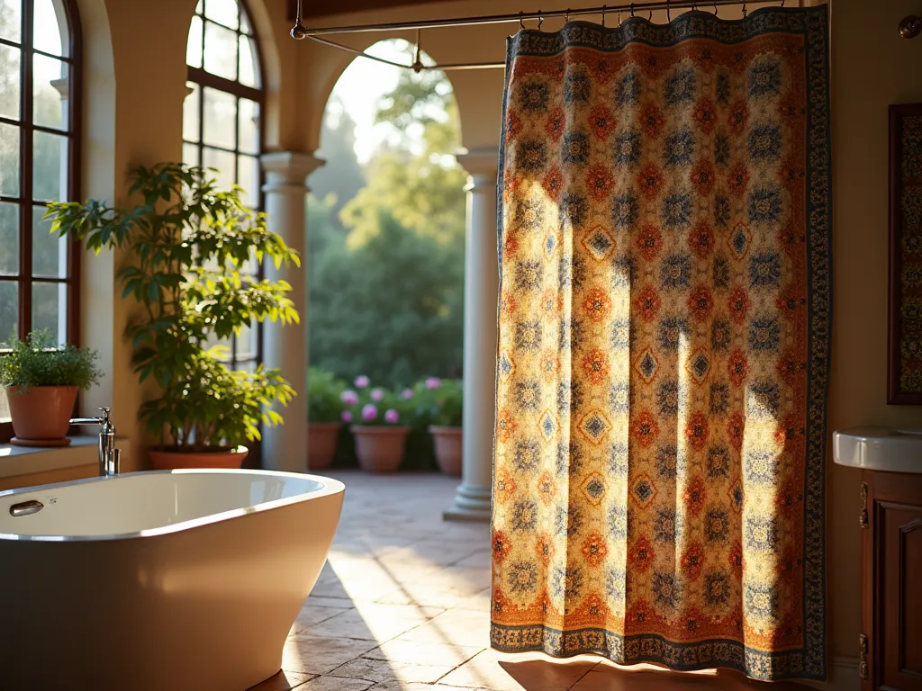 Mediterranean Tile Shower Curtain in Garden Setting - A stunning close-up photograph of an elegant garden tub shower curtain featuring intricate Mediterranean tile patterns in rich blues, terracotta, and gold, captured at golden hour. The curtain hangs in a luxurious bathroom with large windows overlooking a Mediterranean-style courtyard garden. Sunlight filters through cypress trees, casting geometric shadows that complement the curtain's patterns. Shot with a 16-35mm lens at f/2.8, ISO 400, creating a dreamy depth of field that emphasizes the detailed mosaic-inspired design while subtly showing the lush garden backdrop with climbing bougainvillea and terracotta planters.