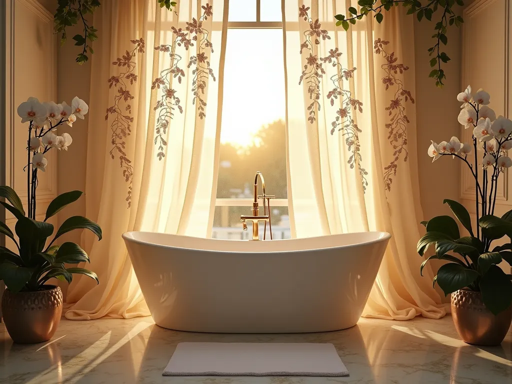 Elegant Garden-Inspired Bathroom with Metallic Shower Curtain - A luxurious bathroom interior at golden hour, featuring a stunning garden tub framed by a flowing shower curtain in champagne silk with delicate silver metallic thread embroidery depicting climbing roses and wisteria vines. Soft sunlight streams through a large window, catching the metallic accents and creating a ethereal shimmer across the fabric's botanical patterns. Crystal droplets of water on the curtain's surface reflect light like morning dew, while potted orchids and trailing ivy on nearby marble surfaces complete the garden-inspired aesthetic. The scene is captured in a wide-angle view that emphasizes the interplay of natural and artificial light on the metallic elements.