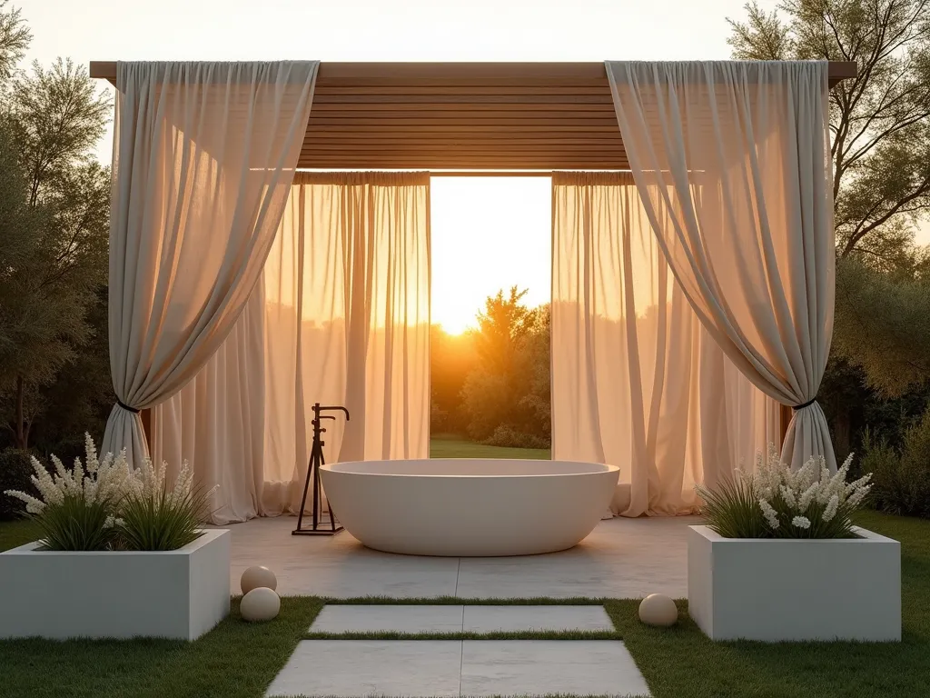 Elegant Outdoor Linen Cabana Retreat - A serene outdoor garden spa setting at golden hour, featuring flowing natural linen curtains in warm beige draped elegantly around a modern freestanding pergola. The minimalist structure frames a luxurious outdoor soaking tub, with textured linen panels creating a soft, diffused light effect. The surrounding garden features clean-lined contemporary planters with ornamental grasses and white flowering plants. Shot from a medium-wide angle capturing the interplay of sunset light through the gauzy fabric, with subtle fabric movement in the gentle breeze. Professional photo captured with a digital camera, 16-35mm lens, f/2.8, ISO 400, emphasizing the organic textures and neutral color palette.