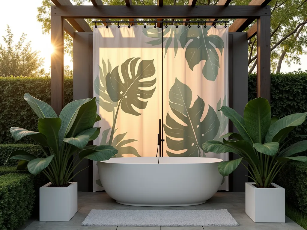 Modern Abstract Botanical Garden Shower Space - A sophisticated outdoor garden bathroom setting at golden hour, featuring a luxurious garden tub nestled within a modern pergola. The space is adorned with a striking translucent shower curtain displaying oversized, abstract botanical patterns in muted sage green, charcoal, and white. Surrounding the tub, contemporary rectangular planters showcase architectural Monstera deliciosa and Birds of Paradise plants casting artistic shadows. The pergola's clean lines are complemented by minimalist outdoor lighting fixtures, while the late afternoon sun filters through the geometric patterns of the curtain, creating an interplay of light and shadow on the natural stone flooring. Shot with a wide-angle lens to capture the harmonious blend of modern design elements and organic forms, with selective focus on the curtain's bold, artistic leaf patterns. DSLR settings: f/8, ISO 100, 1/125