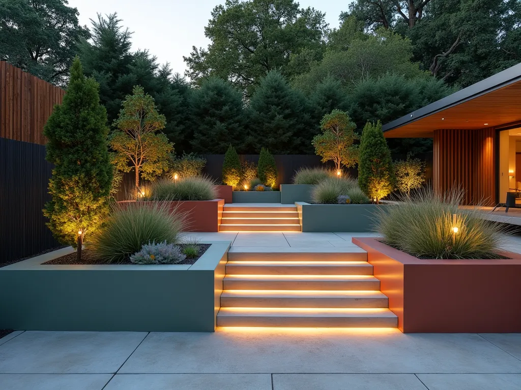 Modern Geometric Garden Color Block Design - A stunning twilight garden scene featuring large-scale geometric color blocks painted on modern concrete planters, arranged in a minimalist stepped pattern. The planters showcase a sophisticated palette of sage green, dusty blue, and warm terracotta, with clean angular lines. Delicate ornamental grasses and Japanese forest grass cascade over the edges, while structured boxwood topiaries provide architectural elements. Modern LED strip lighting highlights the geometric patterns, casting dramatic shadows across a contemporary patio space. The composition is photographed from a three-quarter angle to capture both the depth and linear design of the installation, with the last rays of sunset creating a soft atmospheric glow.