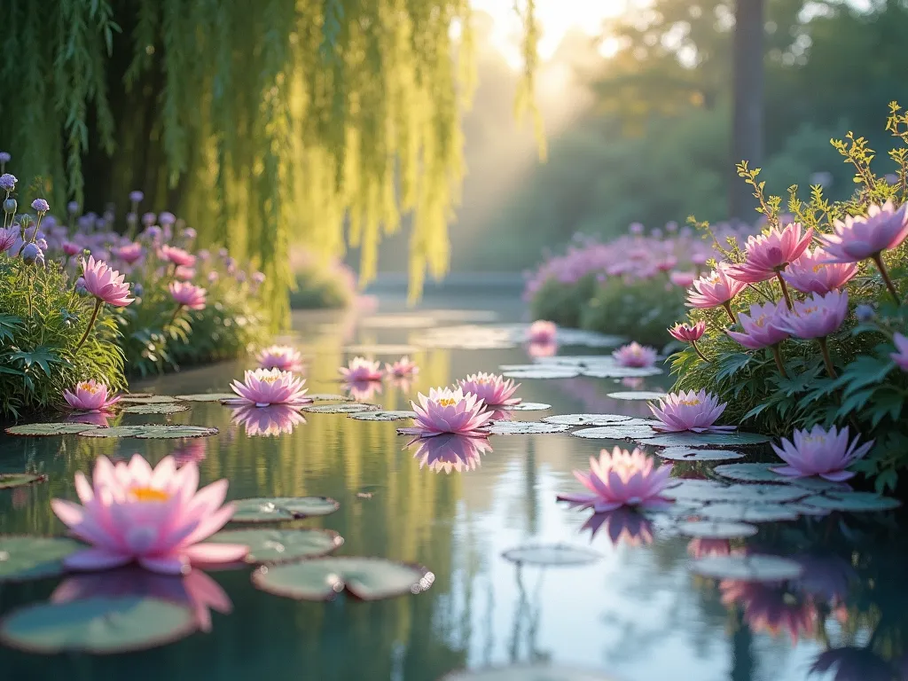 Monet-Inspired Garden Shower Sanctuary - A ethereal and romantic garden scene in Monet's impressionist style, photographed at golden hour with a 16-35mm lens at f/2.8, ISO 400. The composition features a luminous water garden with floating water lilies in soft pastels of pink, lavender, and cream. Weeping willows drape gracefully along the edges, their reflection dancing on the water's surface. Delicate Japanese iris and garden roses bloom along the pond's edge, creating layers of dreamy, brushstroke-like textures. Dappled sunlight filters through the foliage, casting impressionistic shadows across the scene. The overall effect captures the magical, painterly quality of a Monet masterpiece, with soft focus areas and ethereal light perfect for a bathroom sanctuary.