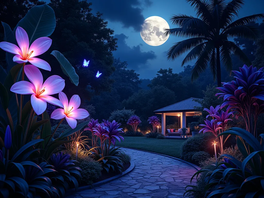 Moonlit Tropical Garden Sanctuary - A dramatic nighttime garden scene captured with a wide-angle lens, showcasing large, illuminated tropical flowers in deep indigo and rich purple hues against a mysterious dark background. Exotic white orchids and luminescent birds of paradise glow ethereally in the moonlight, while giant monstera leaves cast dramatic shadows. Delicate fairy lights weave through the foliage, creating a magical atmosphere. The composition features a curved garden path leading to a secluded seating area, with phosphorescent blue butterflies hovering near illuminated plumeria blooms. Shot at f/2.8 to create a dreamy bokeh effect, with the moonlight filtering through the canopy of tropical foliage.