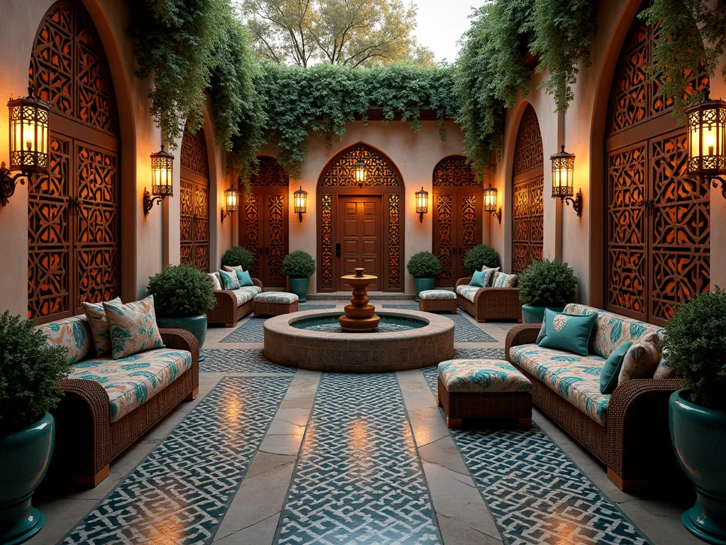 Moroccan Garden Courtyard at Dusk - A mesmerizing Moroccan-style outdoor courtyard garden at dusk, photographed from a wide angle. Ornate geometric lattice screens cast intricate shadows on stone pathways, while climbing roses and jasmine interweave through the patterns. Mosaic tiles in deep blues and emerald greens frame a central fountain. Lanterns with filigree patterns cast warm, golden light across the space. Plush outdoor seating features fabric with intertwined botanical and geometric patterns in rich jewel tones. Potted citrus trees and oversized ceramic planters with cascading Mediterranean plants complete the luxurious, romantic atmosphere. The golden hour light creates a magical interplay between architectural elements and lush garden features, photorealistic, 8k ultra detailed.