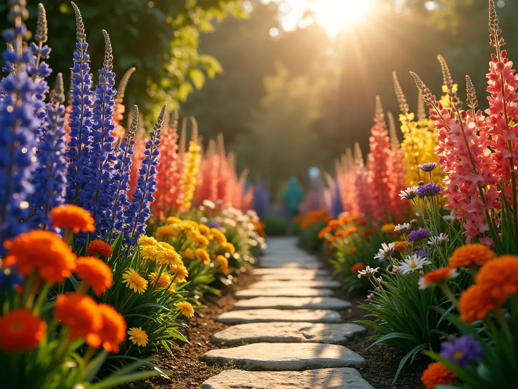 Rainbow Garden Oasis - A stunning close-up DSLR photograph of a lush garden patio setting at golden hour, featuring a vibrant array of blooming flowers in rainbow colors. Delphinium spires in deep blues, coral-colored roses, purple lupins, yellow daffodils, and orange marigolds create a spectacular color gradient. Soft evening sunlight filters through the flowers, creating a dreamy, ethereal atmosphere. The flowers are arranged in elegant curved beds, with a natural stone pathway weaving through. Crystal-clear dewdrops glisten on petals, captured with perfect clarity at f/8 aperture. The composition showcases sophisticated pattern work in the planting design, with each color flowing naturally into the next, mimicking a rainbow shower curtain pattern in nature. Professional garden lighting adds subtle illumination to the scene.