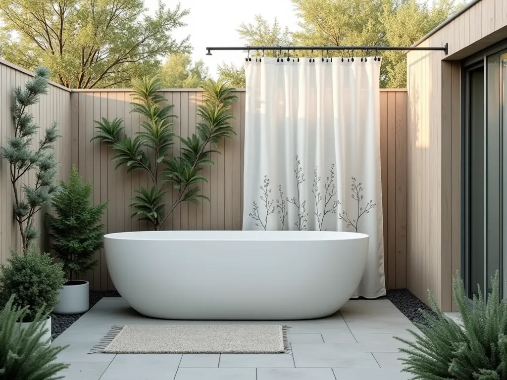 Scandinavian Garden Bathroom Sanctuary - A serene outdoor bathroom space at dawn featuring a freestanding white garden tub nestled within a minimalist Scandinavian-inspired garden setting. The space is enclosed by light wooden privacy screens adorned with climbing Hedera helix in a controlled pattern. Simple potted ferns and silver-green eucalyptus branches create subtle botanical accents. A translucent shower curtain with delicate line drawings of native Nordic plants billows gently in the morning breeze. The scene is captured in soft, diffused morning light, highlighting the interplay between natural textures and clean modern lines. Shot with a wide-angle lens to showcase the harmonious blend of indoor luxury and outdoor serenity, with muted sage and white color palette characteristic of Nordic design.