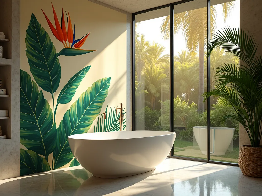 Tropical Garden Bathroom Oasis - A luxurious bathroom at golden hour, shot with a wide-angle lens capturing a magnificent garden tub beside floor-to-ceiling windows overlooking a lush tropical garden. The shower curtain features oversized, photorealistic monstera leaves, bird of paradise flowers, and palm fronds in rich emerald greens and deep teals against a soft cream background. Natural light streams through the windows, creating dancing shadows of outdoor palm trees on the marble floor. The curtain's botanical pattern seamlessly blends with the actual garden view, creating a harmonious indoor-outdoor connection. Crystal-clear 16-35mm shot at f/2.8, ISO 400, capturing the intricate fabric texture and the interplay of natural and interior lighting.