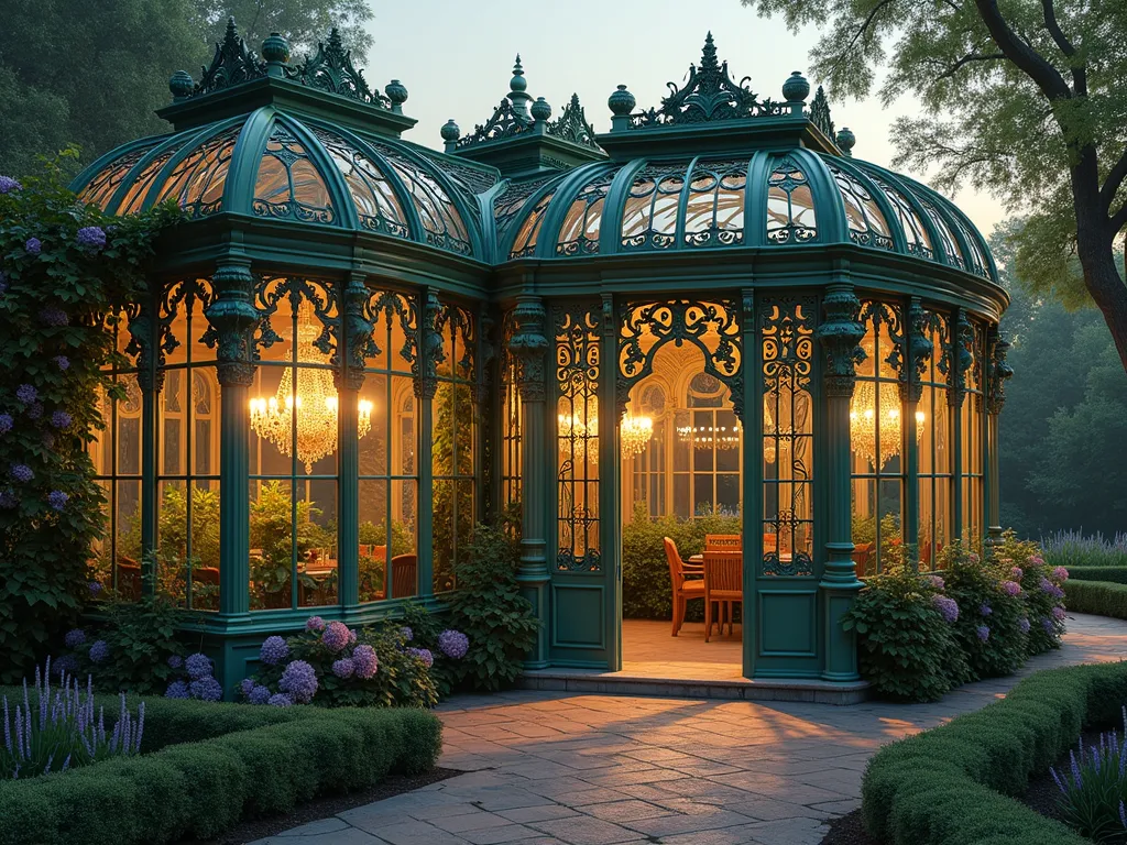 Victorian Garden Conservatory at Dusk - A stunning Victorian-style glass conservatory at dusk, illuminated from within by warm golden light. The ornate iron framework features delicate scrollwork and emerald green paint. Through the glass panels, lush ferns, orchids, and climbing roses are visible. The exterior is adorned with climbing wisteria in full bloom, cascading down the decorative pillars. Crystal chandeliers inside cast intricate shadows on the surrounding garden path, which is lined with lavender and boxwood hedges. The scene captures the romantic intersection of architecture and nature, with detailed botanical elements typical of Victorian scientific illustrations.