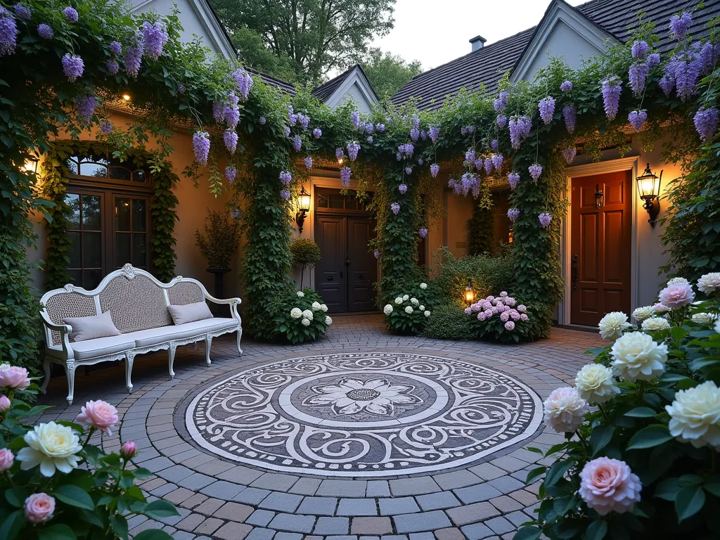 Vintage Garden Medallion Sanctuary - A tranquil garden seating area at dusk, photographed with a wide-angle 16-35mm lens at f/2.8, featuring a circular patio arrangement inspired by vintage floral medallion patterns. The intricate cobblestone pavers form a large medallion design with delicate climbing roses and wisteria creating natural arches overhead. Soft pastel-colored hydrangeas and peonies border the space in romantic clusters, while deeper purple clematis vines weave through antique-style wrought iron trellises. Victorian-inspired garden furniture in weathered white adds elegance, illuminated by classic lanterns casting a warm, ethereal glow across the medallion stonework. Soft evening light filters through the floral canopy, creating intricate shadow patterns that mirror the medallion design below.