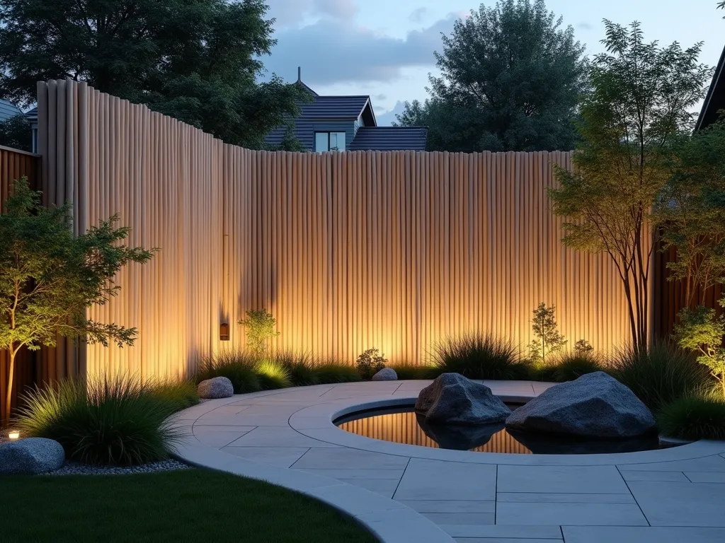 Zen Garden Bamboo Privacy Screen - A serene outdoor zen garden at dusk featuring a stunning bamboo privacy screen with natural bamboo stalks casting elegant shadows against a soft cream-colored backdrop, illuminated by warm garden lights. In the foreground, a curved stone path leads to a minimalist water feature surrounded by carefully manicured Japanese forest grass. The bamboo screen creates vertical lines that draw the eye upward, while strategically placed river rocks and small bonsai trees complete the peaceful Asian-inspired aesthetic. Shot with a wide-angle lens to capture the entire composition, with soft natural lighting enhanced by hidden landscape lighting creating a ethereal atmosphere. High-quality DSLR photography with pristine clarity and depth, 8K resolution.