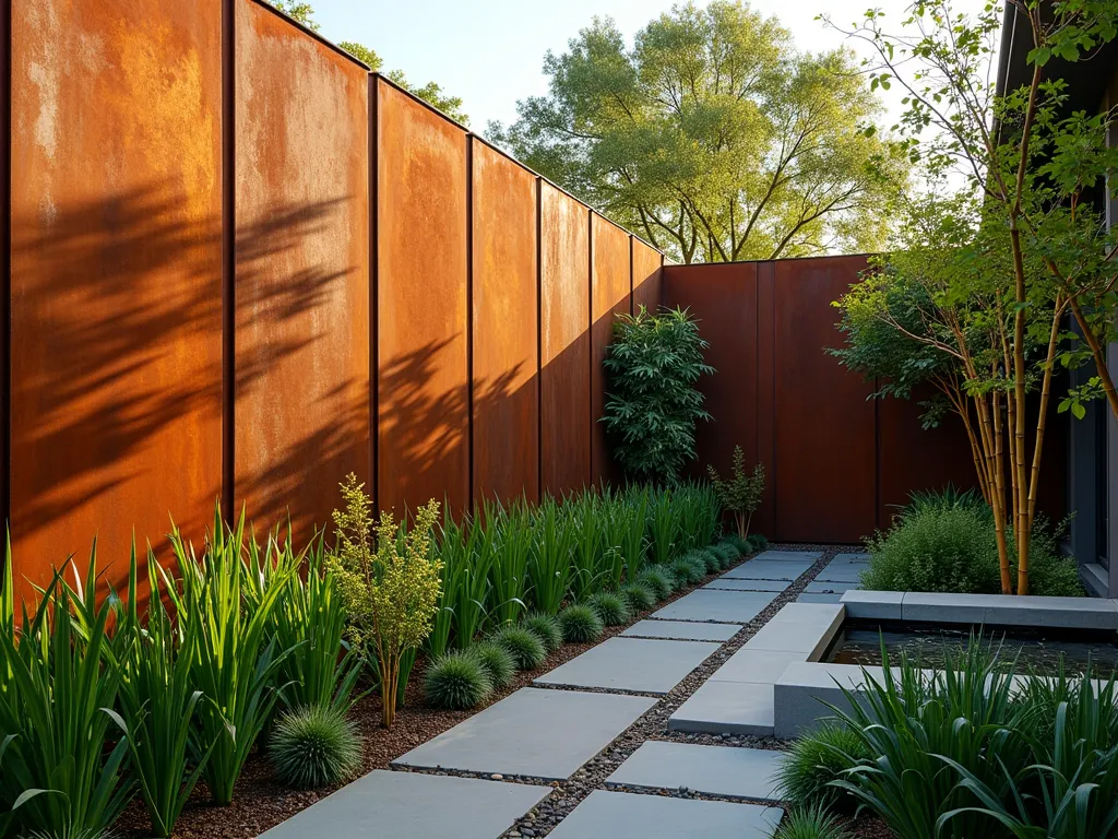 Modern Garden Wall with Cor-ten Steel Panels - A stunning modern garden wall featuring weathered Cor-ten steel panels at golden hour, photographed with a wide-angle lens at f/2.8. The rich, rust-colored patina of the panels creates a dramatic backdrop against lush green ornamental grasses and climbing vines. Contemporary concrete pavers lead to a sleek water feature, while architectural bamboo provides height and movement. The warm evening light emphasizes the steel's organic oxidized texture, casting intricate shadows across the courtyard. Shot with shallow depth of field to highlight the material's unique surface patterns.