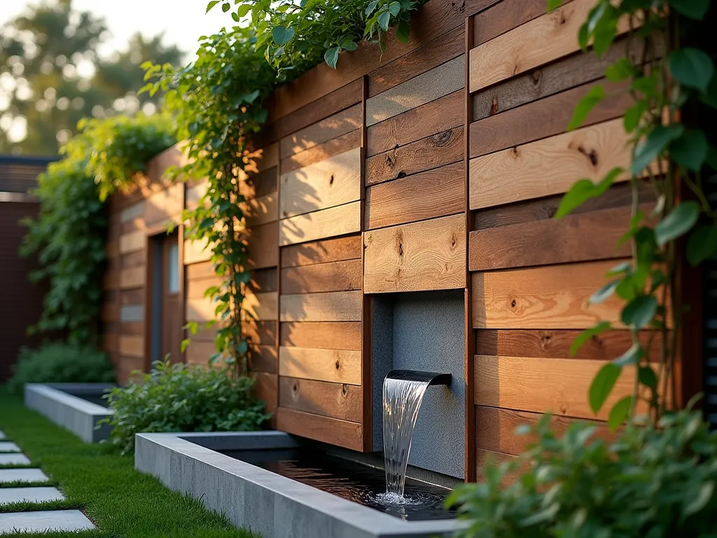 Modern Abstract Wood Wall Art Garden Installation - A stunning close-up view of a contemporary garden wall featuring an artistic arrangement of reclaimed wooden panels in various geometric shapes and sizes. The panels are mounted at different depths creating a dynamic 3D effect, with some pieces stained in contrasting natural wood tones from light oak to deep walnut. Soft evening lighting casts dramatic shadows across the textured surface, while climbing jasmine weaves organically through the wooden elements. A modern water feature trickles down one section, adding movement and reflection. Shot at golden hour with shallow depth of field highlighting the intricate details of the wood grain. Captured using a 16-35mm lens at f/2.8, ISO 400.