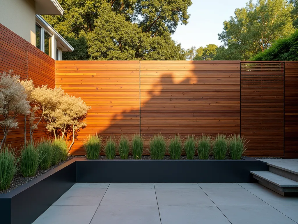 Modern Alternating Wood Wall Pattern - A stunning modern garden wall featuring alternating horizontal and vertical cedar wood cladding, photographed during golden hour. The pattern creates a mesmerizing geometric effect across a 12-foot wall, with shadow play enhancing the dimensional design. A sleek stone patio sits beneath, adorned with contemporary planters containing tall ornamental grasses. Soft evening light casts dramatic shadows across the alternating wood panels, while climbing jasmine begins to weave through custom-built trellises integrated into the cladding design. Shot at f/2.8 with a wide-angle perspective to capture the full dramatic effect of the alternating patterns, with subtle depth of field highlighting the textural details of the wood grain.