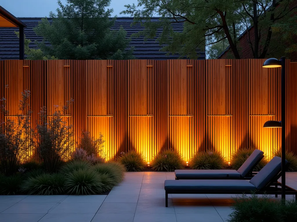 Evening Garden Wood Panel Illumination - A stunning evening garden scene featuring a modern vertical wood-slatted wall with warm LED backlighting creating dramatic shadows and light patterns. The contemporary cedar panels are arranged in a geometric pattern with subtle gaps between each slat, allowing golden light to seep through. The wall is photographed at dusk from a medium-wide angle, showing how the illuminated panels create a captivating ambient glow throughout the garden space. Modern outdoor furniture silhouettes are visible in the foreground, while architectural grasses and bamboo cast dramatic shadows against the lit wall. The scene is captured with subtle depth of field, emphasizing the interplay between light and shadow on the wooden surface.