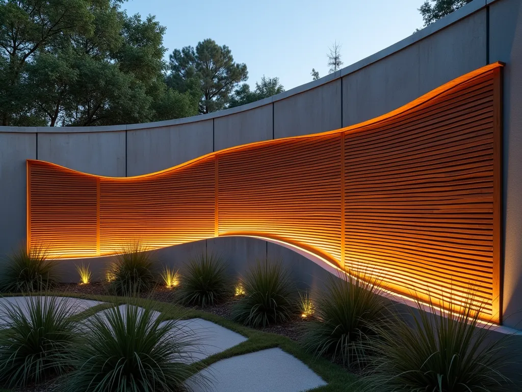 Curved Wood Garden Wall Installation at Dusk - A stunning curved wood wall cladding installation in a modern garden, photographed at dusk with soft ambient lighting. Steam-bent wooden slats flow in organic, wave-like patterns across the wall, creating a sculptural effect. The warm-toned cedar wood curves gracefully against a contemporary concrete wall, illuminated by subtle landscape lighting. Shot with a wide-angle lens to capture the full sweeping motion of the curved installation, with foreground plantings of ornamental grasses adding texture. The natural wood grain is highlighted by the golden hour light, emphasizing the artistic flow of the installation. Architectural photography style with crisp details and dramatic shadows, captured with a 16-35mm lens at f/2.8, ISO 400.