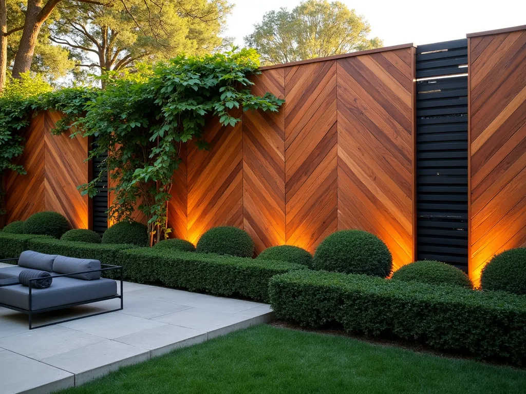 Elegant Herringbone Garden Wall - A sophisticated garden wall featuring rich cedar wood cladding arranged in a classic herringbone pattern, photographed during golden hour. The wall extends 8 feet high, with the intricate diagonal wood placement creating striking shadows and depth. Lush climbing jasmine gracefully weaves through modern black lattice accents, while perfectly manicured boxwood hedges line the base. A modern outdoor seating area with minimalist furniture sits adjacent, while soft landscape lighting illuminates the textured wood pattern. Shot with a wide-angle lens at f/8, capturing the entire wall's grandeur while maintaining crisp detail in the wood grain. The warm evening light emphasizes the natural tones and geometric precision of the herringbone design.