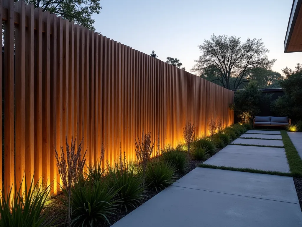 Modern Slatted Garden Wall at Dusk - A sophisticated modern garden wall featuring precise vertical wooden slats in light oak, evenly spaced to create dramatic shadow lines at dusk. The minimalist design is photographed at a 45-degree angle, showcasing the clean geometric patterns against a smooth concrete base. Subtle landscape lighting illuminates the wall from below, emphasizing the rhythmic spacing between slats. In the foreground, architectural grasses sway gently, while a sleek concrete path leads to a contemporary seating area. The composition is captured with dramatic depth of field, highlighting the precise craftsmanship of the slatted design against the warm twilight sky.