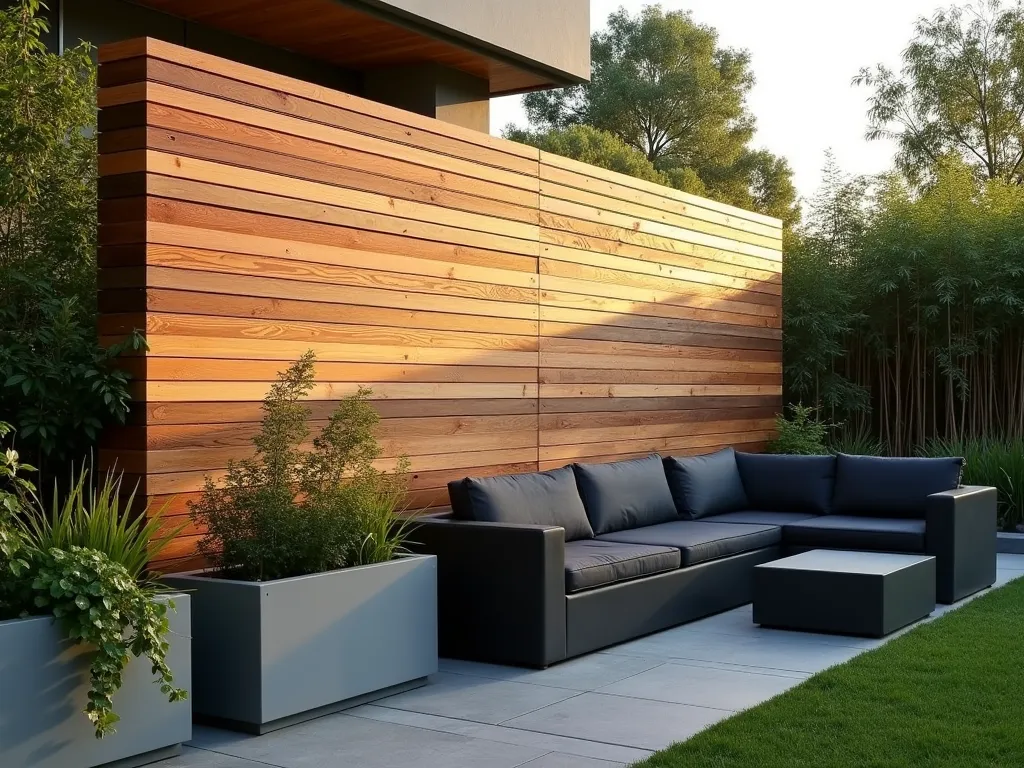 Contemporary Mixed-Width Wood Wall Garden Feature - A modern garden scene at golden hour featuring a stunning accent wall with mixed-width horizontal wood cladding, combining narrow and wide cedar planks in varying natural tones. The wall stretches 12 feet high, photographed at a slight angle to show depth and texture. Architectural lighting casts dramatic shadows across the varied plank surfaces, highlighting the rhythmic pattern of the different widths. Modern metal planters with trailing ivy and ornamental grasses soften the base of the wall. A sleek outdoor seating area with charcoal cushions sits in the foreground, while mature bamboo creates a natural backdrop at the edges. Shot with shallow depth of field to emphasize the wood grain texture.