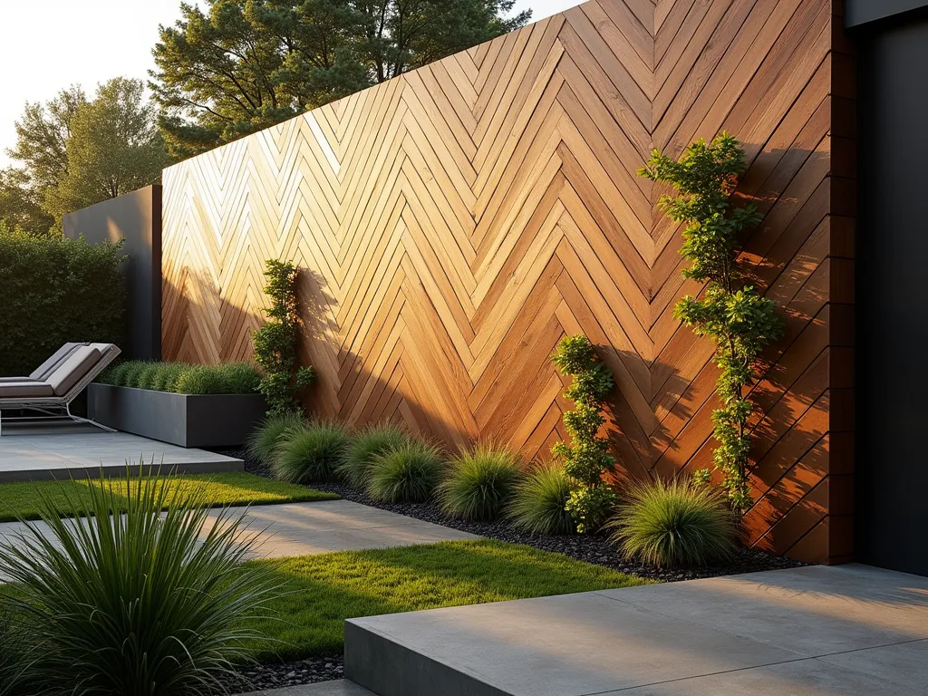 Modern Chevron Wood Wall Garden - A stunning garden wall featuring sleek wooden boards arranged in a sophisticated chevron pattern, photographed during golden hour. The warm sunlight casts dramatic shadows across the textured surface, emphasizing the geometric design. The wall extends upward, creating a modern focal point in a contemporary garden space. In the foreground, ornamental grasses sway gently, while climbing vines begin to gracefully weave through select portions of the cladding. The perspective is taken at a slight angle to showcase the dynamic movement of the chevron pattern, with a portion in close-up detail to highlight the precision of the woodwork. Modern outdoor furniture and minimalist planters complete the sophisticated scene.