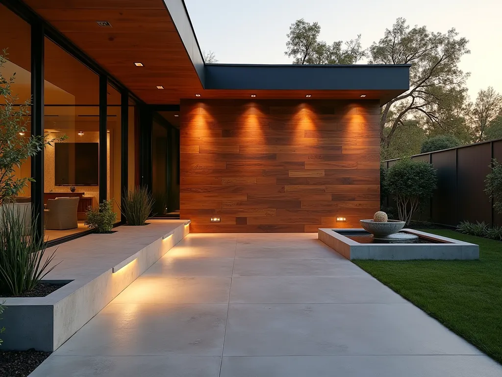 Modern Composite Garden Wall at Sunset - A stunning wide-angle shot of a modern backyard featuring a sleek composite wood-clad accent wall at sunset. The wall showcases rich brown sustainable composite panels with a subtle wood grain texture, illuminated by warm golden hour light and modern wall-mounted LED fixtures. The contemporary design is complemented by a minimalist water feature and raised concrete planters containing ornamental grasses and bamboo. The composition captures the intersection of eco-conscious design and luxury, with the composite cladding extending from ground to ceiling, photographed with a shallow depth of field that emphasizes the material's sophisticated finish. Shot at f/2.8 with a 16-35mm lens, creating a dramatic perspective that highlights the sustainable material's durability and premium aesthetic.