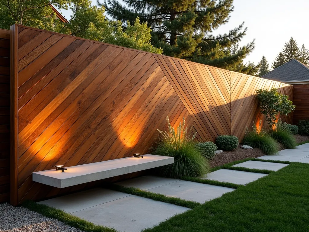 Modern Diagonal Wood Wall Garden - A stunning garden scene at golden hour featuring a contemporary diagonal wood-clad wall, photographed with a wide-angle lens. The wall showcases sleek cedar boards arranged in a dynamic 45-degree striped pattern, creating visual movement across the 8-foot height. Modern landscape lighting casts dramatic shadows across the geometric pattern, while climbing jasmine begins to weave between select boards. A modern concrete bench sits against the wall, with architectural ornamental grasses and Japanese forest grass providing textural contrast. Shot at f/2.8 with warm evening light highlighting the rich wood tones and creating depth in the diagonal patterns. The perspective emphasizes the wall's ability to make the space feel larger and more dynamic.