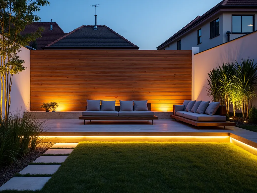 Modern Floating Wood Wall Panel with Integrated Lighting - A stunning twilight photograph of a contemporary garden featuring a floating wood-clad wall made of horizontal teak slats mounted 2 inches from a white rendered wall, creating dramatic shadows. Warm LED strip lighting tucked behind the panels casts a gentle glow through the gaps, illuminating a modern outdoor seating area. The wood panels extend 8 feet high, with clean lines and precision spacing. In the foreground, architectural grasses and bamboo create soft movement against the structured wall. Shot with a wide-angle lens at golden hour, capturing the interplay of natural and artificial light on the rich wood tones. The floating effect is enhanced by hidden mounting hardware and strategic uplighting from ground-level spotlights.