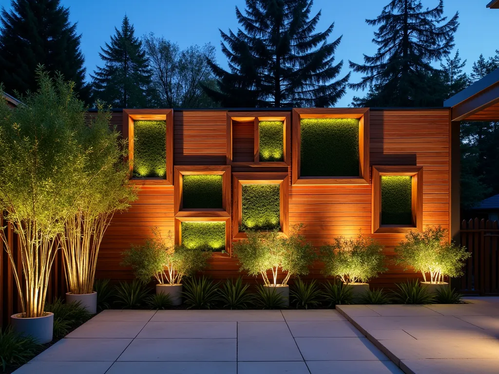 Modern Garden Wall Picture Frame Display - A stunning twilight photograph of a contemporary garden wall featuring elegant cedar wood picture frame sections, professionally lit with subtle uplighting. The frames create a geometric pattern across the wall, each filled with different textures - some with vertical slats, others with horizontal planking, and several incorporating preserved moss panels. The 12-foot wall is photographed at a slight angle to show depth, with a modern concrete patio in the foreground. Strategic spotlighting casts dramatic shadows between the frames, while potted bamboo plants create organic silhouettes against the structured design. Shot with shallow depth of field focusing on the central frames, with soft bokeh effects on the edges. The warm cedar tones contrast beautifully with the cool evening light, while integrated LED strips outline key frames, creating a sophisticated architectural feature.