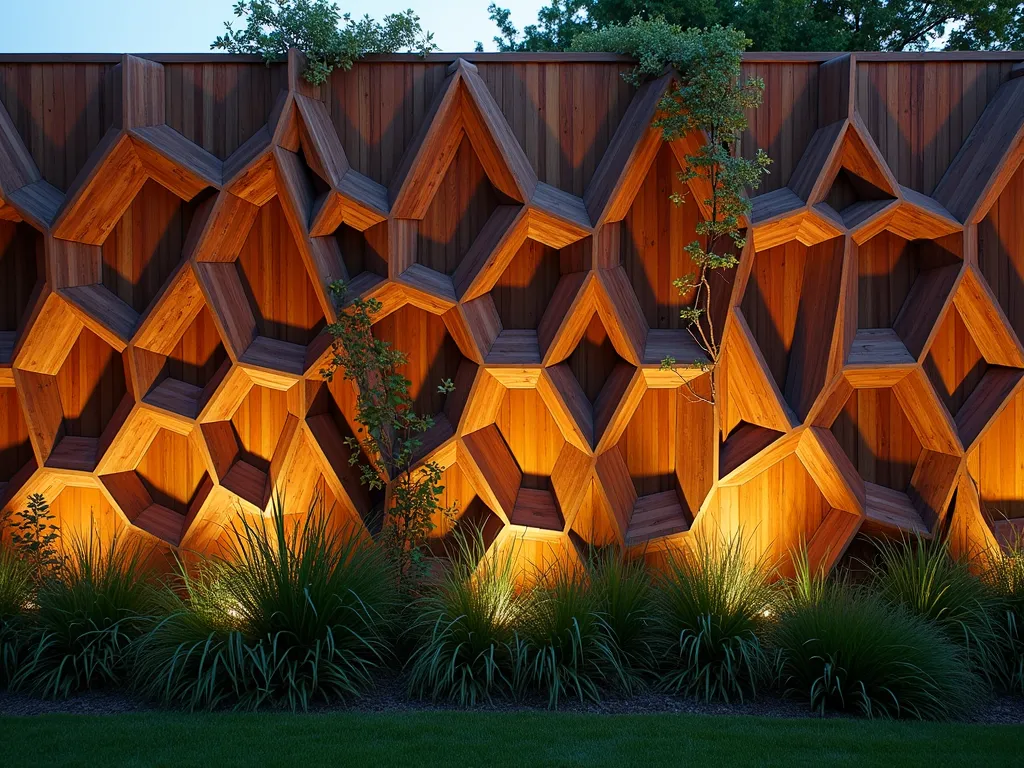 Modern Geometric Wood Panel Garden Wall - A stunning close-up shot of a contemporary garden wall featuring hexagonal and triangular wooden panels in rich teak and cedar, creating an intricate geometric pattern at dusk. The wall is softly illuminated by hidden LED lighting, casting dramatic shadows across the sculptural surface. The panels are arranged in a mesmerizing 3D pattern that adds depth and dimension. In the foreground, ornamental grasses sway gently, while climbing vines begin to weave through designated spaces in the pattern. Shot with a 16-35mm lens at f/2.8, capturing the interplay of golden hour light on the varying wood grains and architectural details. ISO 400 creates the perfect balance of shadow detail and ambient light.