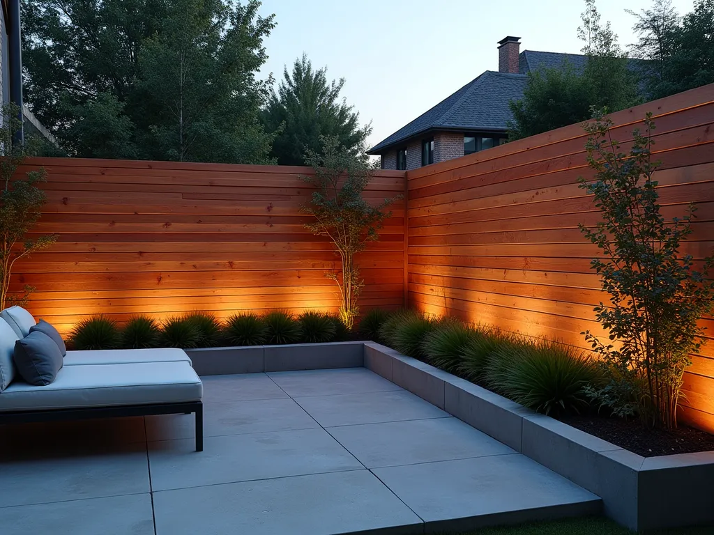 Modern Horizontal Cedar Wall at Twilight - A sophisticated garden wall featuring sleek horizontal cedar wood cladding at twilight, showcasing the warm reddish tones of the cedar strips against modern landscaping. The wide-angle shot captures a contemporary outdoor living space with the wood-clad wall as a stunning backdrop. Subtle outdoor lighting casts a warm glow on the weathered cedar strips, highlighting their natural grain patterns and varying silver-gray patina. Modern outdoor furniture and minimalist planters with ornamental grasses create depth in the foreground. The clean lines of the horizontal installation are emphasized by dramatic shadows, while climbing vines softly trail along one edge, adding organic movement to the geometric design. Shot in high resolution with attention to texture and atmospheric lighting.