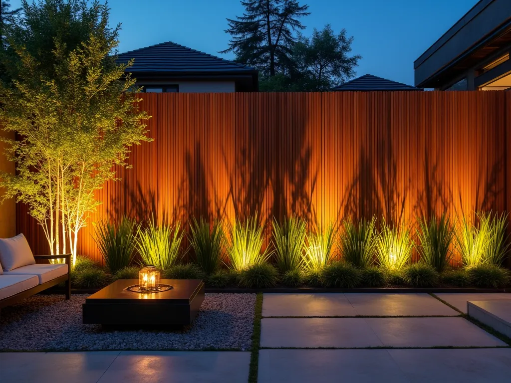 Modern Garden Wall with LED-Illuminated Wood Slats - A stunning nighttime photograph of a contemporary garden wall featuring vertical cedar wood slats with integrated warm LED lighting creating dramatic shadows and light patterns. The wall spans 12 feet high, illuminated from between the slats, casting a warm golden glow across a modern landscaped garden. Architectural bamboo plants cast dramatic shadows against the lit wood slats. Shot at twilight with a wide-angle perspective showing the full wall and surrounding space, including modern concrete pavers and sleek outdoor furniture. The LED lighting creates a mesmerizing interplay of light and shadow, highlighting the natural grain and texture of the wood slats. DSLR camera, f/8, ISO 100, 1/125s, golden hour lighting enhanced by LED illumination.