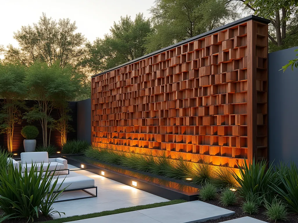 Modern Pixelated Wood Wall Garden Feature - A sophisticated modern garden wall featuring a pixelated wood design, photographed during golden hour. The wall showcases carefully arranged cedar blocks in varying depths, creating a mesmerizing 3D grid pattern. Small wooden cubes, ranging from 4 to 8 inches, protrude at different depths, casting dynamic shadows across the surface. Modern outdoor spotlights illuminate the textured design from below. The wall is bordered by sleek architectural grasses and bamboo, adding organic movement to the geometric design. A contemporary lounge area with minimalist furniture sits adjacent to the feature wall, while a water feature provides gentle ambient sounds. Captured with a wide-angle lens at f/8, emphasizing the intricate details and depth of the installation, with warm sunset light highlighting the natural wood tones.