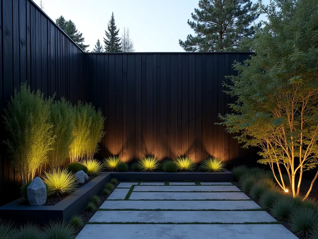 Modern Shou Sugi Ban Garden Wall at Dusk - A dramatic twilight photograph of a contemporary garden featuring a striking Shou Sugi Ban charred wood wall, captured with a wide-angle lens at f/2.8. The deep, textured black wood panels create a sophisticated backdrop, with their intricate charred patterns catching the warm evening light. Illuminated by subtle landscape lighting, cascading Japanese Forest Grass and tall bamboo create an elegant contrast against the dark wall. Modern geometric planters with sculptural succulents dot the space, while climbing jasmine begins to weave its way across sections of the wall. The scene is photographed at a slight angle to showcase both the wall's dramatic vertical presence and its interaction with the carefully curated plant life, creating a perfect harmony between Japanese aesthetic and modern garden design.