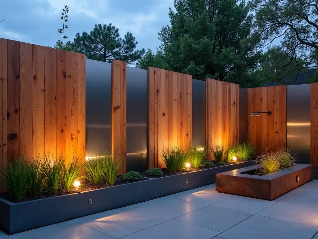 Modern Wood and Metal Garden Wall - A stunning dusk shot of a contemporary garden wall featuring vertical cedar wood cladding interspersed with brushed steel panels, creating a dramatic play of textures. Warm LED uplighting casts geometric shadows across the natural wood grain. The wall serves as a backdrop to a minimalist patio space with sleek metal planters containing ornamental grasses. A water feature with Corten steel elements complements the industrial-meets-nature aesthetic. The composition captures the wall at a slight angle to showcase both materials' interaction, with the last rays of sunlight highlighting the metallic elements.