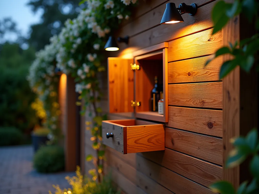 Modern Wood Panel Garden Storage - A close-up twilight shot of a contemporary garden wall featuring sleek cedar wood cladding with a hidden hinged panel partially open, revealing organized garden tool storage. Soft landscape lighting illuminates the textured wood grain, while climbing jasmine frames the edges. The panel seamlessly blends with the surrounding wall design, showcasing modern brass hardware. Shot with shallow depth of field highlighting the craftsmanship of the concealed storage solution against a blurred background of lush garden foliage.