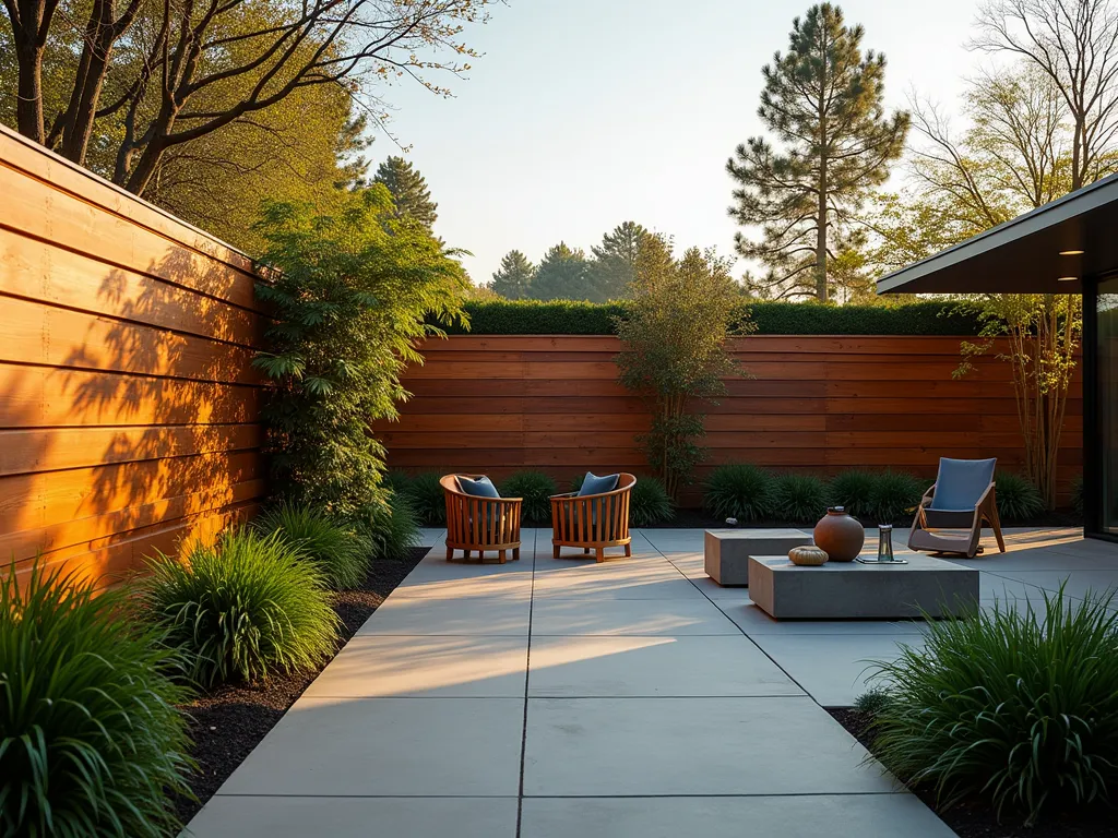 Modern Wooden Rainscreen Garden Wall - Professional DSLR wide-angle shot of a contemporary garden wall featuring sleek cedar wood cladding installed as a rainscreen system, with subtle ventilation gaps creating linear shadow lines. The wall extends along a modern garden space, partially covered in climbing Boston ivy. Golden hour lighting casts warm shadows through the ventilation gaps, highlighting the natural wood grain. A modern stone patio in the foreground features minimalist outdoor furniture, while architectural plants like Japanese forest grass and bamboo create texture against the wood cladding. Shot at f/8 with perfect depth of field capturing both detailed wood texture and overall garden composition.