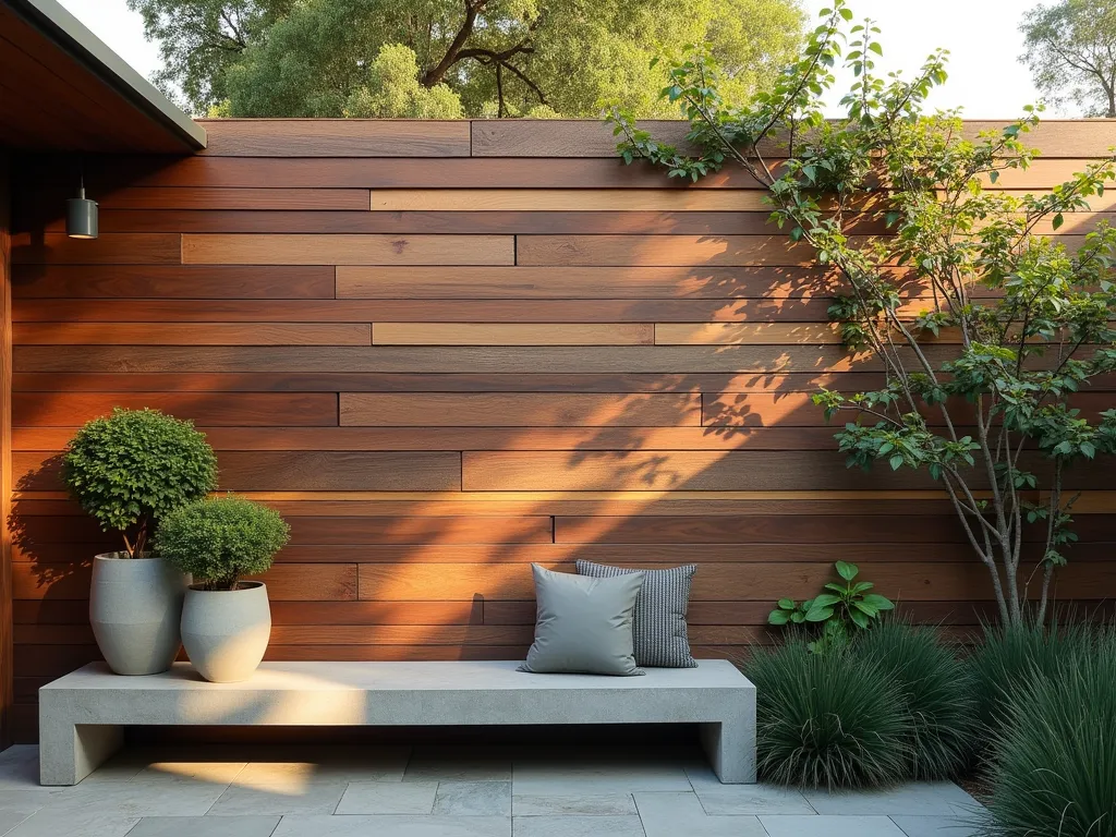 Modern Garden Wall with Mixed Wood Tones - A contemporary garden wall showcasing a stunning mix of horizontal wood cladding in varying tones and species, including warm teak, rich walnut, and silver-aged cedar. The wall features a geometric pattern created by alternating wide and narrow planks. Soft evening lighting casts dramatic shadows across the textured surface, while climbing jasmine begins to weave through custom-designed gaps in the cladding. A modern concrete bench sits against the wall, accompanied by large ceramic planters containing architectural plants. Shot from a 45-degree angle to capture both the detail of the wood grain and the overall composition of the space. Photographed during golden hour with warm, directional light emphasizing the natural wood variations.